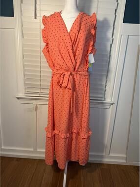 NWT London Times Woman 18W Coral Swiss Dot Ruffle Faux Wrap Maxi Dress Plus Size